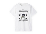 a white t - shirt with an image of a cat on it