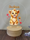 a wooden stand with a picture of a lion on it