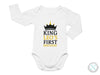 a baby bodysuit with the words king leo&#39;s first birthday