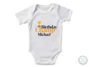 a white bodysuit with the words birthday champ michael on it