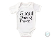 a white bodysuit with the words ghoul gang on it