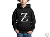 a young boy wearing a black hoodie with the letter z on it