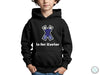 a young boy wearing a black hoodie with the word is for xaverr